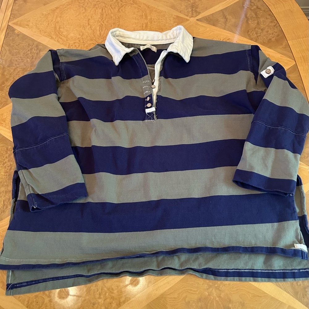 We The Free Women’s Rugby Shirt - Blue and Green with 3/4 length roll up sleeves